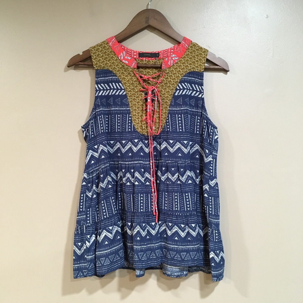 THML Lace Up Tribal Print Sleeveless Blouse Womens S Blue Boho Aztec Festival